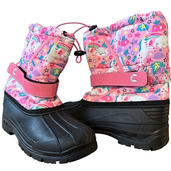 Girls unicorn winter waterproof boots pink size EU 35 US 5 adjustable straps - Picture 2 of 7